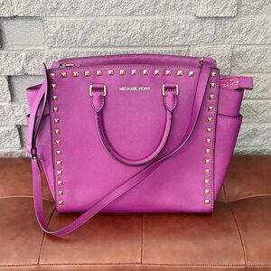 Micheal Kors Selma Saffiano Studded Purse - Color Pomegranate/LARGE